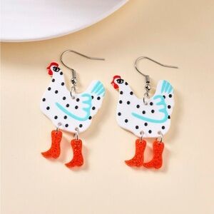 Cowboy Boot Wearing Hen Dangle Earrings